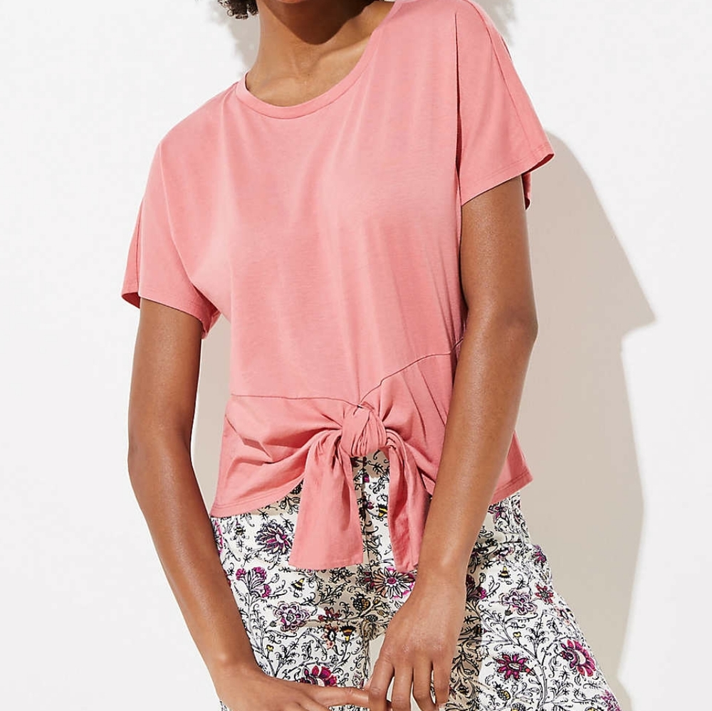 LOFT knit round neck front tie knot tshirt, small, pink